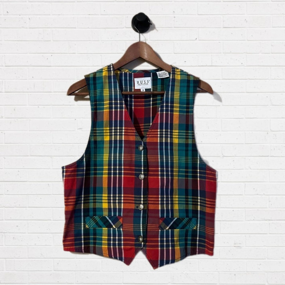 Vintage Womans Rainbow Plaid Vest Russ Petites Size 8 Retro Colorful Fun
